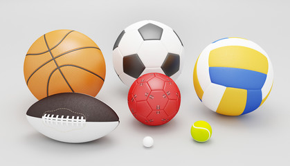 Assorted sports ball on a white background. Includes a soccer ball, a football, a basketball and more. 3d rendering