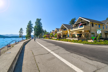 A waterfront high end luxury townhome complex across the street from Lake Coeur d'Alene, in the mountain resort city of Coeur d'Alene, Idaho.