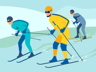Competition in skiing. In minimalist style. Cartoon flat vector