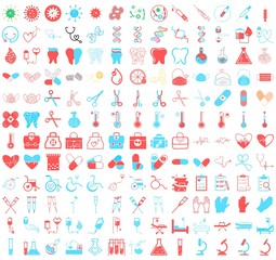 Set of 156 vector icons, sign and symbols in flat design medicine and health with elements for mobile concepts and web apps. Blue and red color style collection modern infographic logo and pictogram. 
