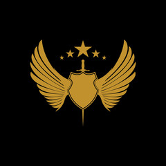 Gold winged sword with shield vector icon.