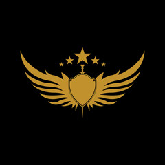 Gold winged sword with shield vector icon.
