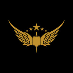 Gold winged sword with shield vector icon.