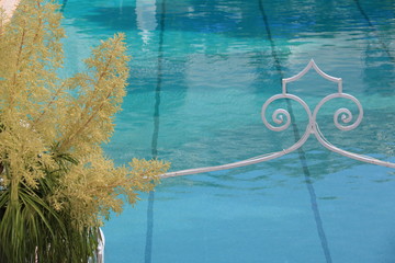 Swimming pool with blue water. Dracaena flower and  wrought iron ornament.