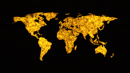 3D illustration. Technology network. World map. Orange glow. Mobile communication. Email. Communication of people around the world.