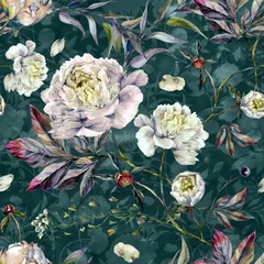 Foto op Canvas Watercolor Pattern with White Peonies © Inna Sinano