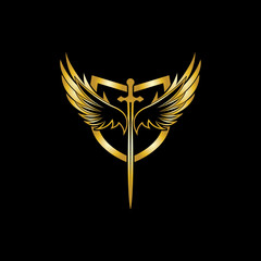 Gold winged sword with shield vector icon.