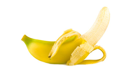 Peeled banana vertical isolated on white background