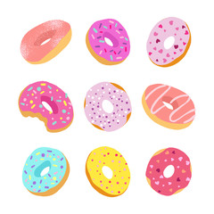 Set of cartoon colorful donuts. Collection into glaze for menu design, cafe decoration, delivery box.