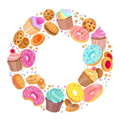 Yummy colorful donuts, cookies and cupcakes hand drawn pattern round shape.