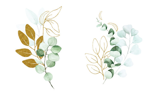  stock illustration set of eucalyptus leaves painted with watercolor and glitter shiny gold. Set for wedding graphic design, decoration greeting card, wrapper, textile.