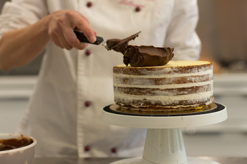 Detail of the making od a multilayer chocolate cake with raspberries topping, background is a...