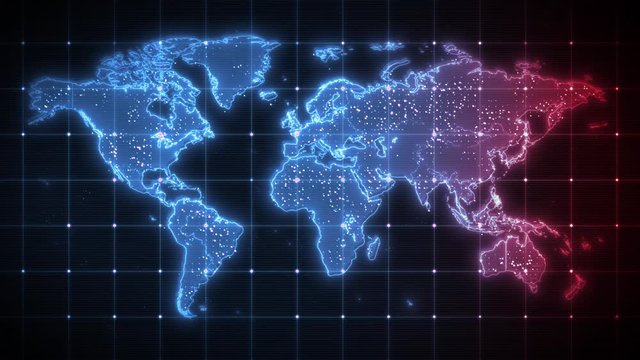 World Map Global Technology Background/ 4k animation of a hi-tech background with technology world map outlines and dots connected
