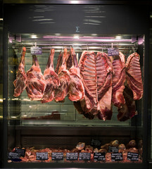 meat carcass on a shop window