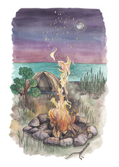 Watercolor illustration of a campfire, tent, lake and the night sky. Drawn by hand, on a white background. Image to use for cards, calendars and books. For the design of texts on the theme of camping.