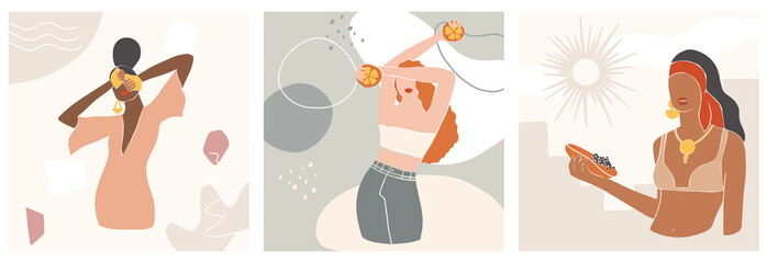 Set of abstract female shapes and silhouettes on retro summer background. Abstract women portraits in pastel colors. Collection of contemporary art. Fashion paper cut elements for social media, poster