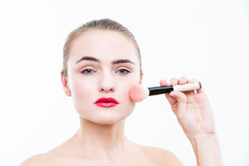 Fototapeta premium Portrait of beautiful woman on white background