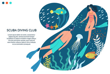 Scuba diving vector banner with space for text. People swimming in ocean. Woman and man in a wetsuit or swimsuit snorkeling and exploring sea ​​bottom, fishes, corals, turtles, jellyfish.