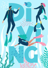 Scuba diving club vector illustration with letters on the background. People swimming in ocean. Woman and man in a wetsuit or swimsuit snorkeling and exploring sea ​​bottom.