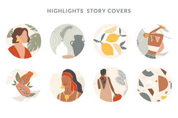 Collection of highlight story covers for social media. Round vector backgroungs, elements and icons with woman, abstract shapes, clip art, lines, floral details, texture for your blog or website.