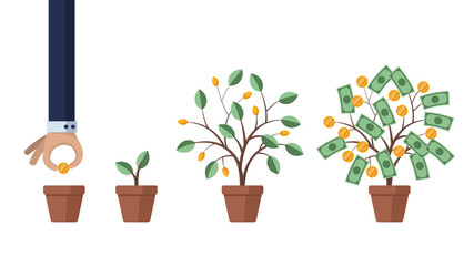 Investing in business and revenue growth. Saving and increasing money. Concept illustration. Man grows a money tree. Isolated on white