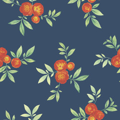 Seamless watercolor flowers pattern. Flowers and leaves. Hand painted color. Floral pattern for design. Graceful flowers with leaves on a blue background.