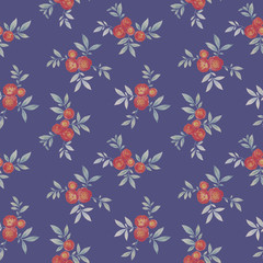 Fototapeta na wymiar Graceful flowers with leaves on a blue background. Seamless watercolor pattern. Red roses flowers drawn for printing on a card, paper, textile.