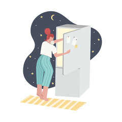 Girl eating at night, nervous disposition, gluttony,. Rejecting Yourself, Judging Yourself, Eating Problem and Emotional Problems concept. Flat cartoon vector illustration.