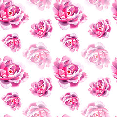 Seamless pattern with hand painted watercolor pink flower peony