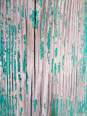 Abstract background from peeling paint  of green color on wooden cracked board