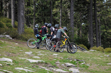 Bikers at mountain landscape Bike Park Czarna Gora Poland