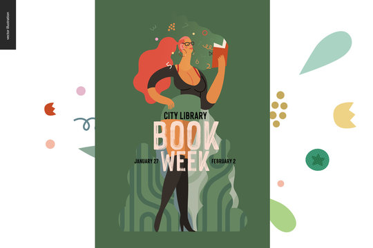 World Book Day graphics, vulgar dressed woman poster, book week events. Modern flat vector concept illustrations of reading people -vulgar dressed woman in street reading finance book with enthusiasm