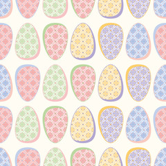 Colorful Easter eggs vector repeat pattern with foliage lattice illustrations.