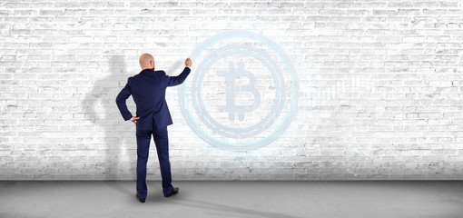 Man holding a technology Bitcoin icon on a circle 3d rendering