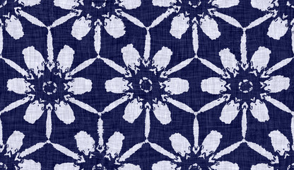 Seamless indigo dyed bandana texture. Blue dark woven cotton effect background. Repeat Indonesian batik resist pattern. White block printed vintage all over textile. Worn handmade boho cloth print