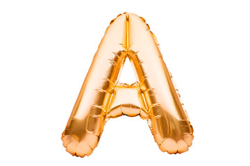 Letter A made of golden inflatable helium balloon isolated on white. Gold foil balloon font part of...
