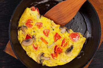 Omelet in a pan close-up. View from above.