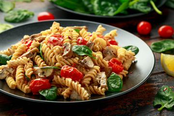 Healthy Creamy Hummus pasta with mushroom and roast tomatoes. vegan vegetarian, plant based.