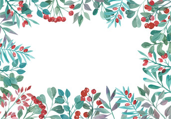 watercolor frame of green twigs and red berries, spring plants, summer time