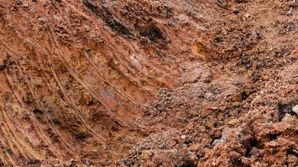 Clay soil texture for rough theme background wallpapers. Close-up photograph of tropical agricultural land.