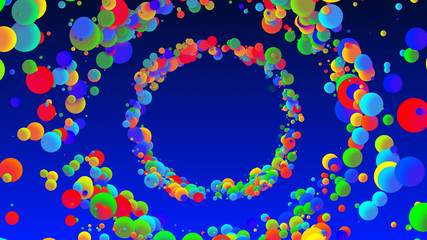 Obraz premium Abstract simple background with beautiful multi-colored circles or balls in flat style like paint bubbles in water. 3d render of particles, droplets of paint. Round structure with copy space. 17