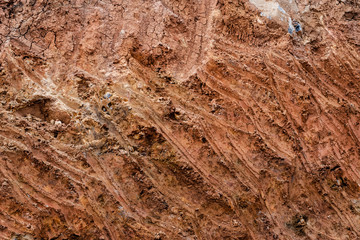 Clay soil texture for rough theme background wallpapers. Close-up photograph of tropical agricultural land.