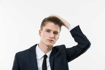 Portrait of young man on white background
