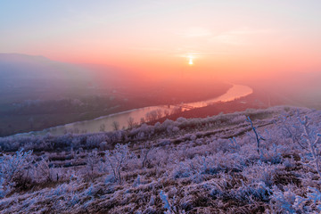 Winter rime on the trees landscape