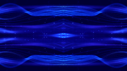 Blue motion design background with symmetrical pattern. Abstract sci-fi background with glow particles form curved lines, strings, surfaces, hologram or virtual digital space. Mirror structure 36