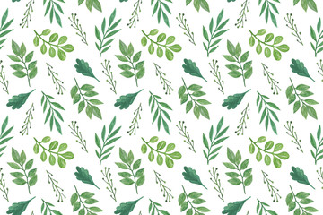 Obraz na płótnie Canvas Repeat pattern of watercolor fancy leaves on the white background, hand drawn illustration for making textile, fabrics, invitations