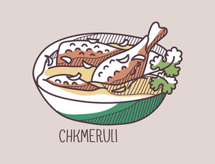 Hand drawn vector illustration of Chkmeruli. Doodle colored on pale background with hand written title of the dish.
