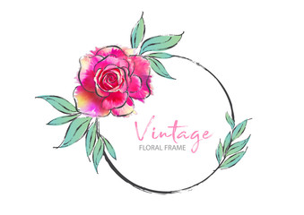 Vintage round frame with pink rose vector illustration can be use for invitation, wedding, greeting cards, Floral Frame, Rose painting