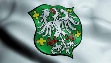 3D Waving Germany City Coat of Arms Flag of Grunstadt Closeup View