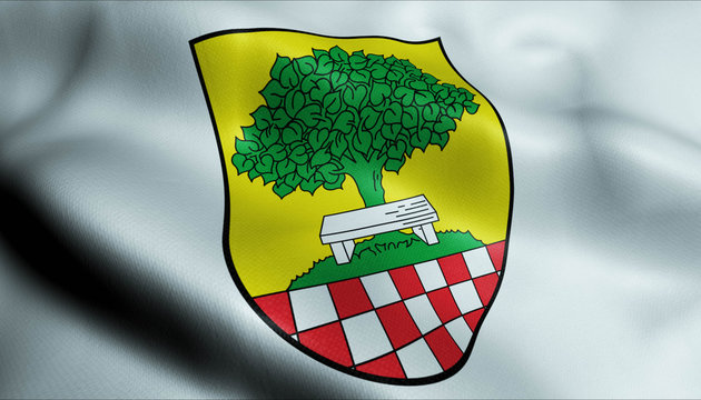 3D Waving Germany City Coat of Arms Flag of Halver Closeup View